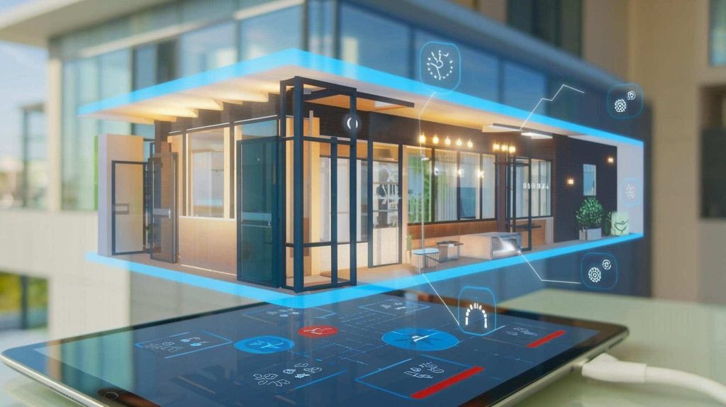 Digital visualization of a smart home with BIM integration and IoT controls displayed on a tablet.