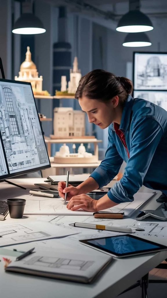 Architect drafting designs with BIM models.