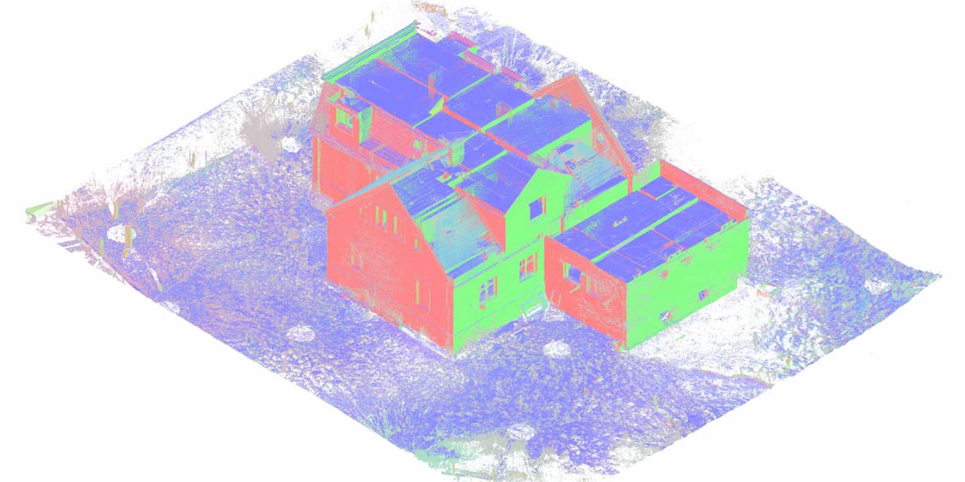 High-precision 3D laser scanning of an abandoned house for renovation and interior design planning.