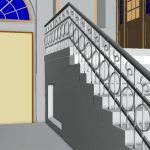 High-precision 3D model of a historic hall showing intricate railings and a domed ceiling.