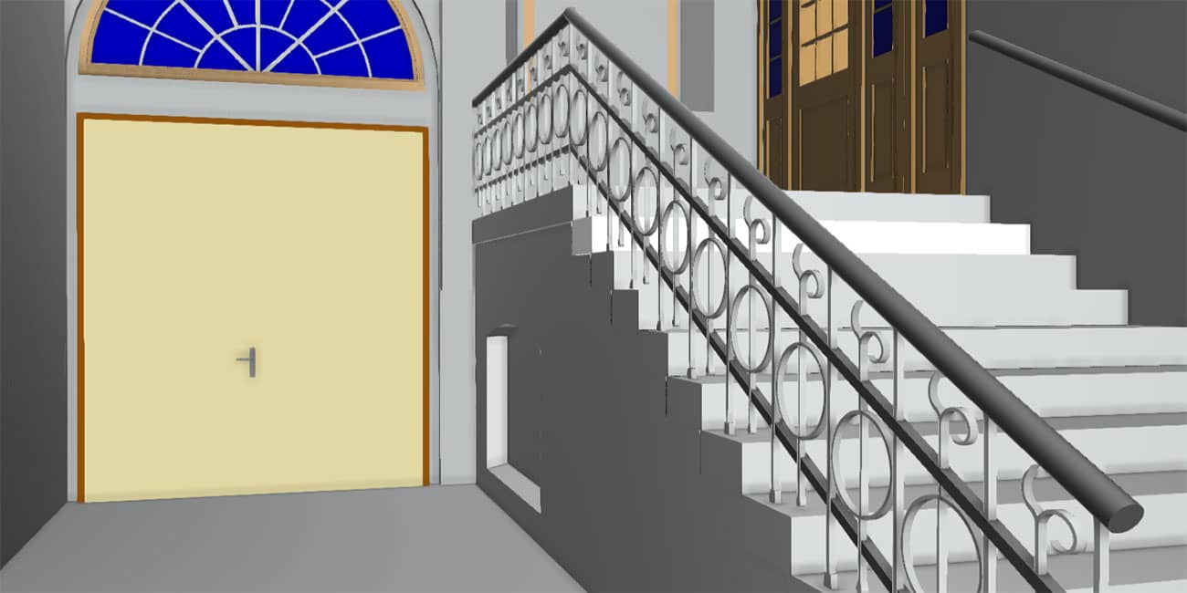 High-precision 3D model of a historic hall showing intricate railings and a domed ceiling.