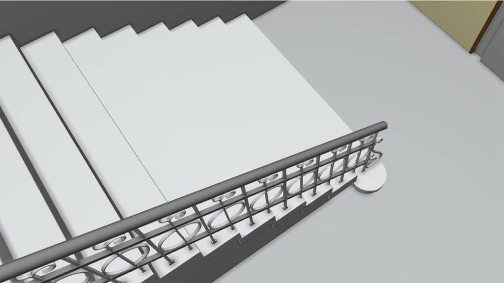 High-precision 3D model of a historic hall showing intricate railings and a domed ceiling.