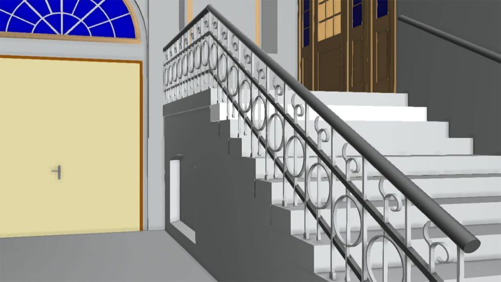 High-precision 3D model of a historic hall showing intricate railings and a domed ceiling.