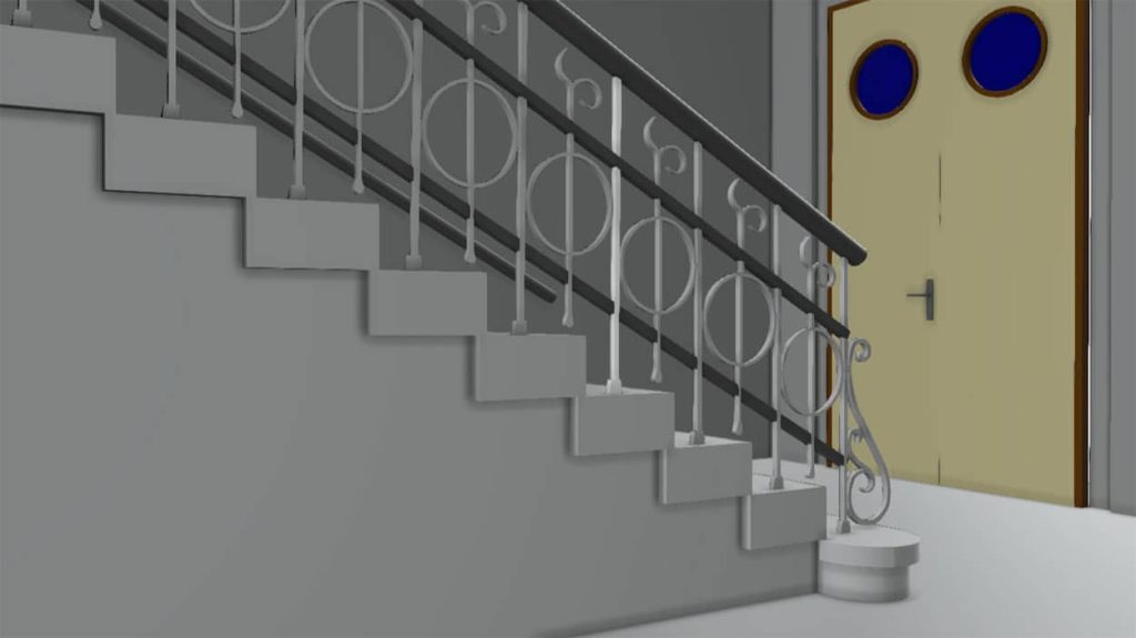 High-precision 3D model of a historic hall showing intricate railings and a domed ceiling.