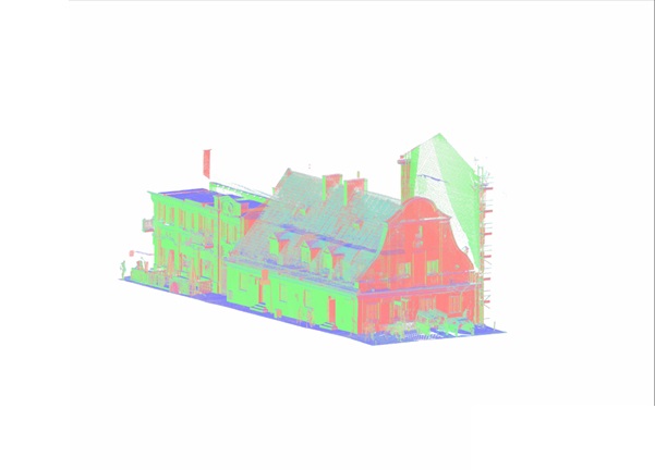 Chmura punktów zabytkowej kamienicy w Płocku po skanowaniu 3D