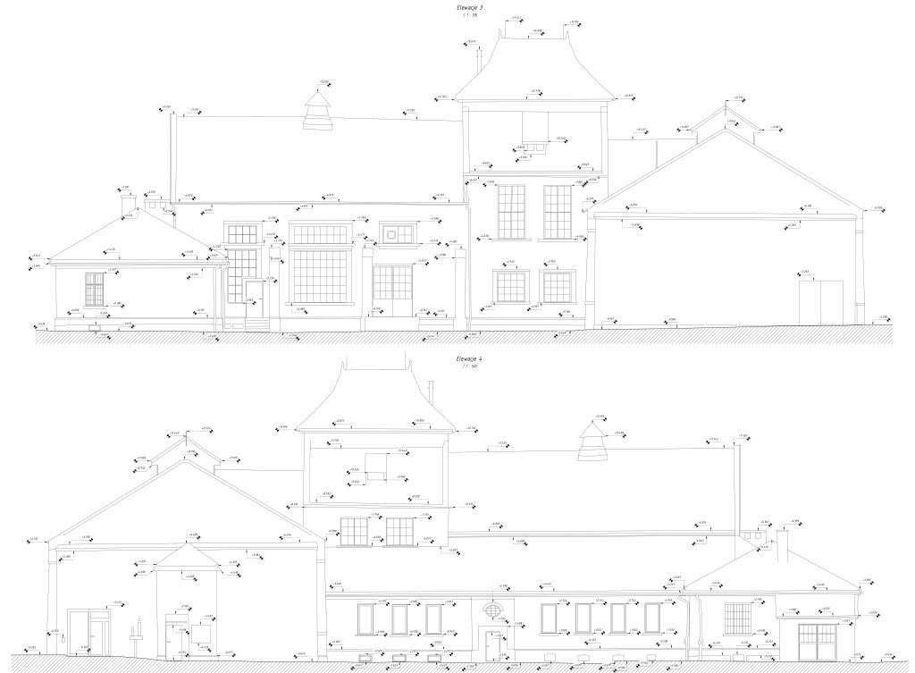 Rysunki elewacji i przekrojów kotłowni opracowane na podstawie skaningu 3D