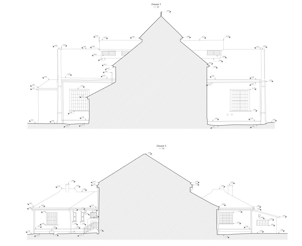 Elewacje techniczne budynku przygotowane na podstawie inwentaryzacji 3D