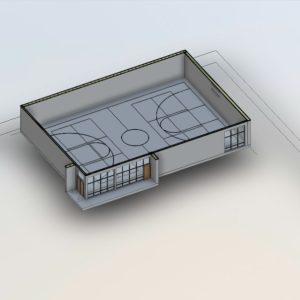 Interior 3D model of scanned basketball court showing accurate court markings and dimensions