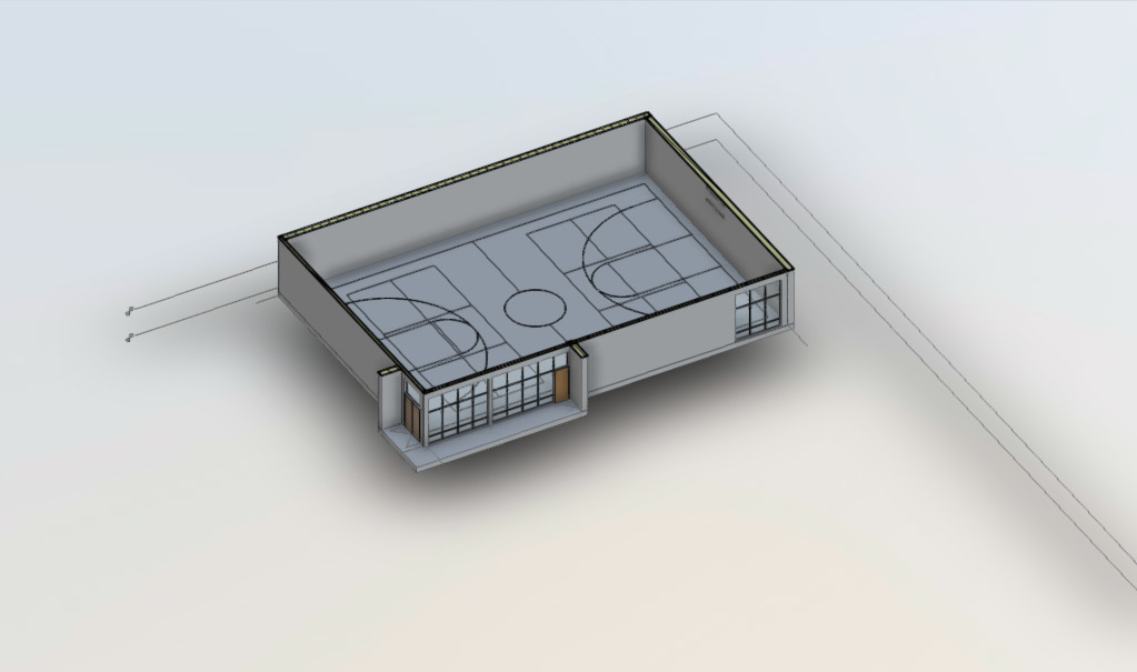 Interior 3D model of scanned basketball court showing accurate court markings and dimensions