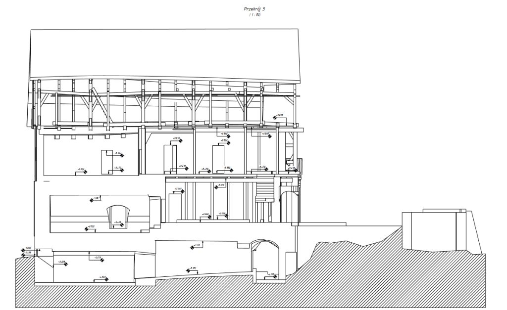 Przekrój architektoniczny zabytkowego obiektu opracowany z danych skanowania 3D