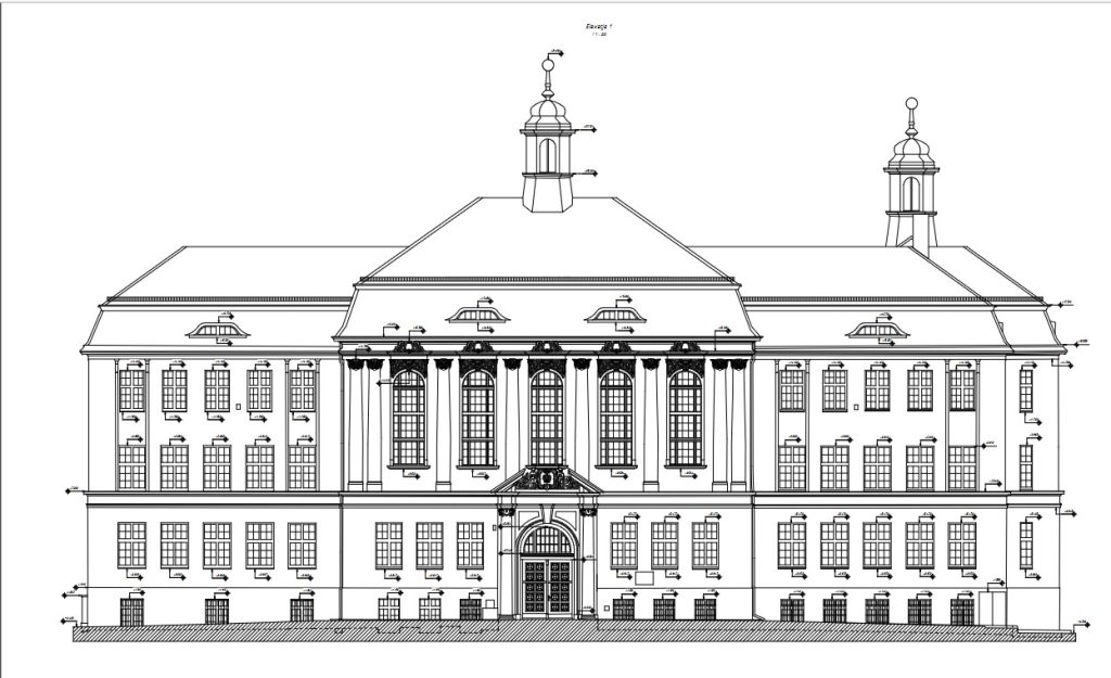 2D CAD elevation drawing of building facade created from point cloud data