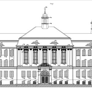 2D CAD elevation drawing of building facade created from point cloud data