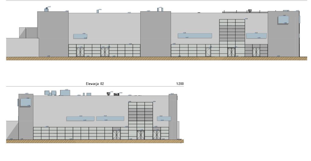As-built elevation drawings of an industrial manufacturing facility facade