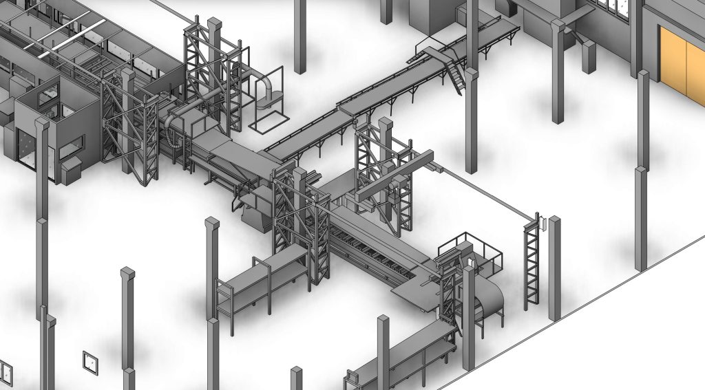 Detailed BIM model of process piping and steel structures in an ore processing plant