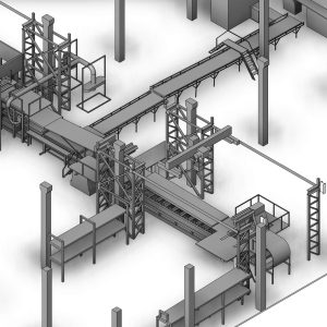 Detailed BIM model of process piping and steel structures in an ore processing plant