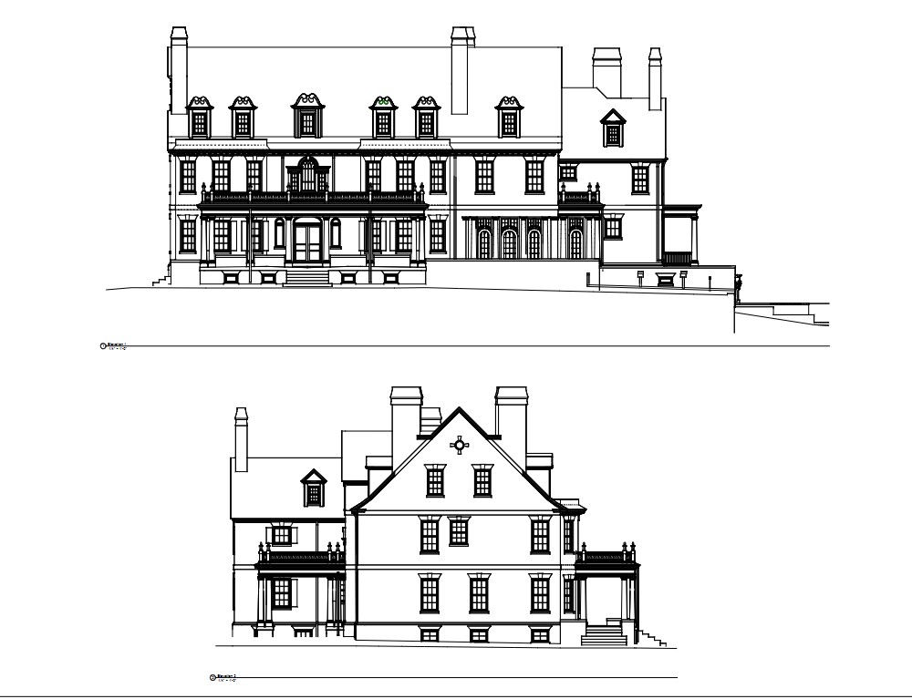 Architectural elevation drawings of mansion generated from point cloud data