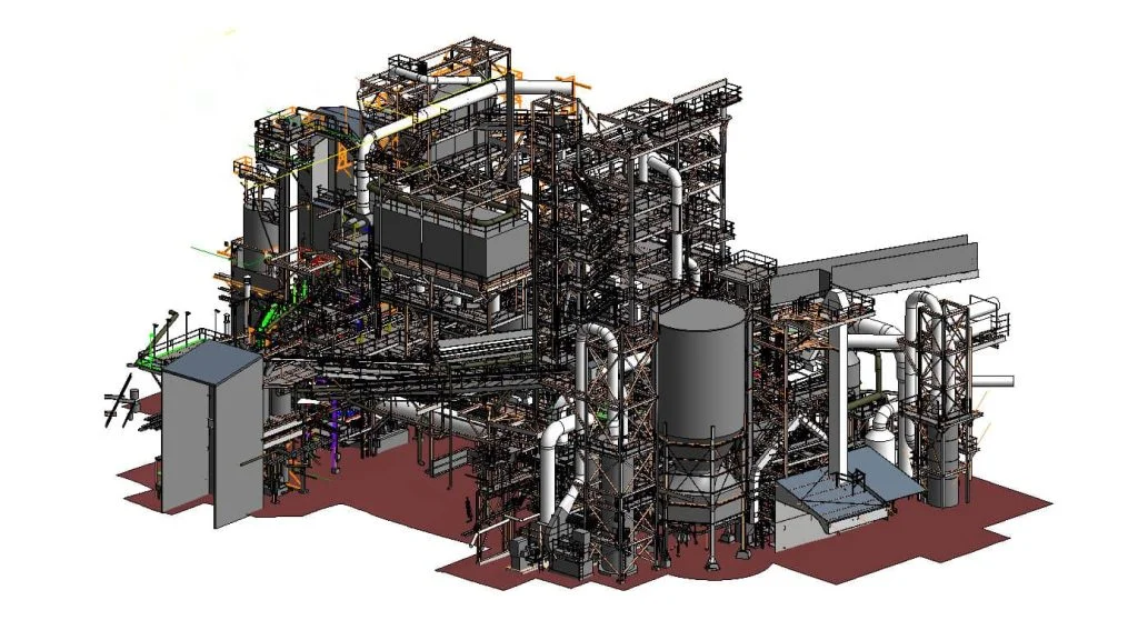 Industrial factory 3D model with complex metal structures, pipes, tanks, and production equipment.