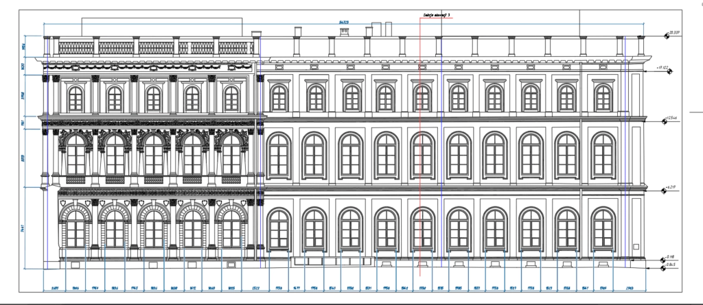 Architectural elevation drawing created from heritage building scan data