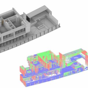Architectural scan to BIM model with color-coded structural and MEP elements