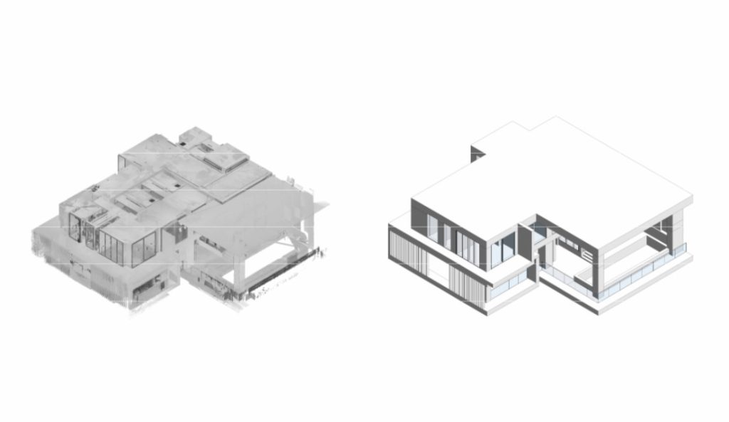 Scan to BIM project showing segmented building model from survey data