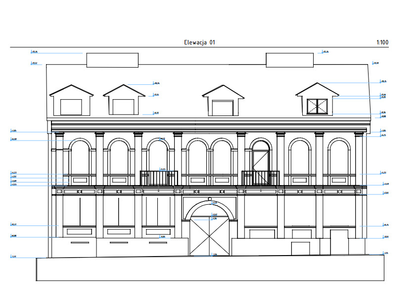 Rysunek elewacji kamienicy w Łomży opracowany na podstawie skaningu laserowego 3D