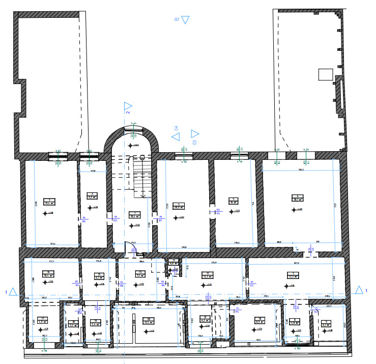Rzut kondygnacji kamienicy w Łomży przygotowany z danych skaningu laserowego 3D
