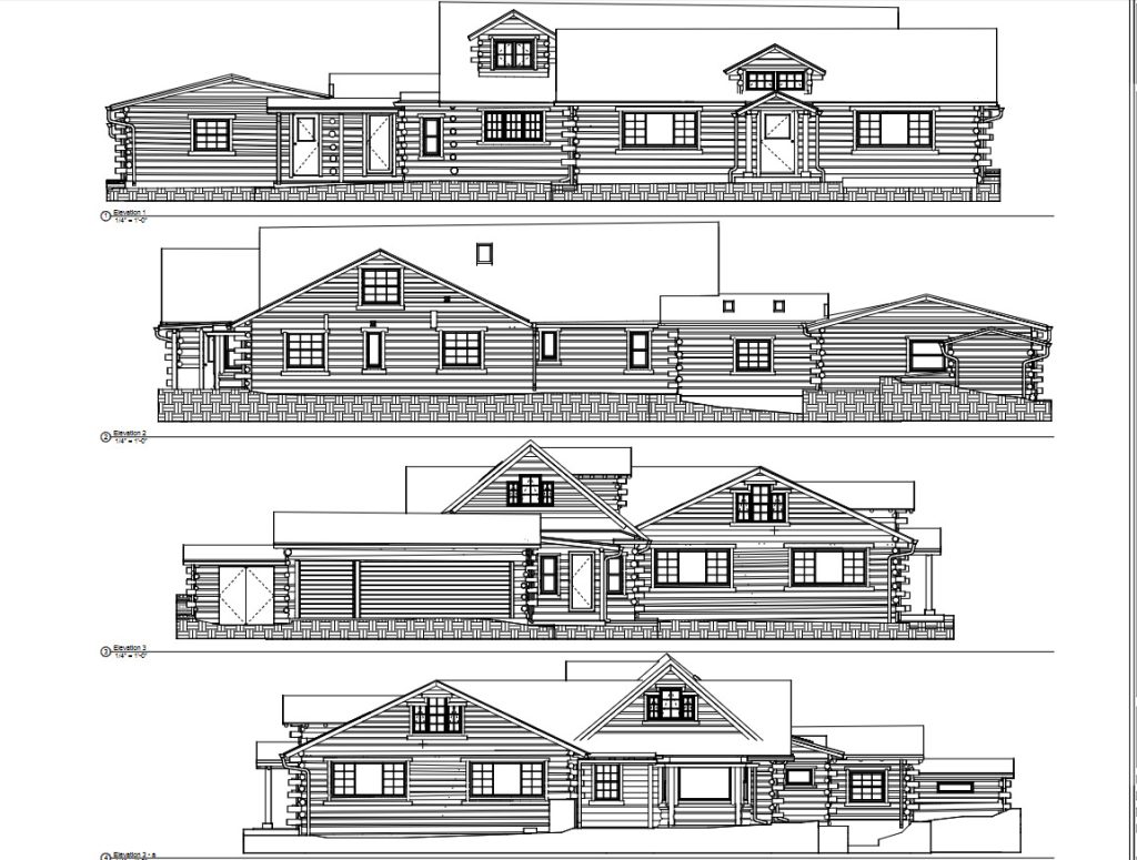 Exterior elevation drawings of a timber frame house in Warwick New York prepared from scan data