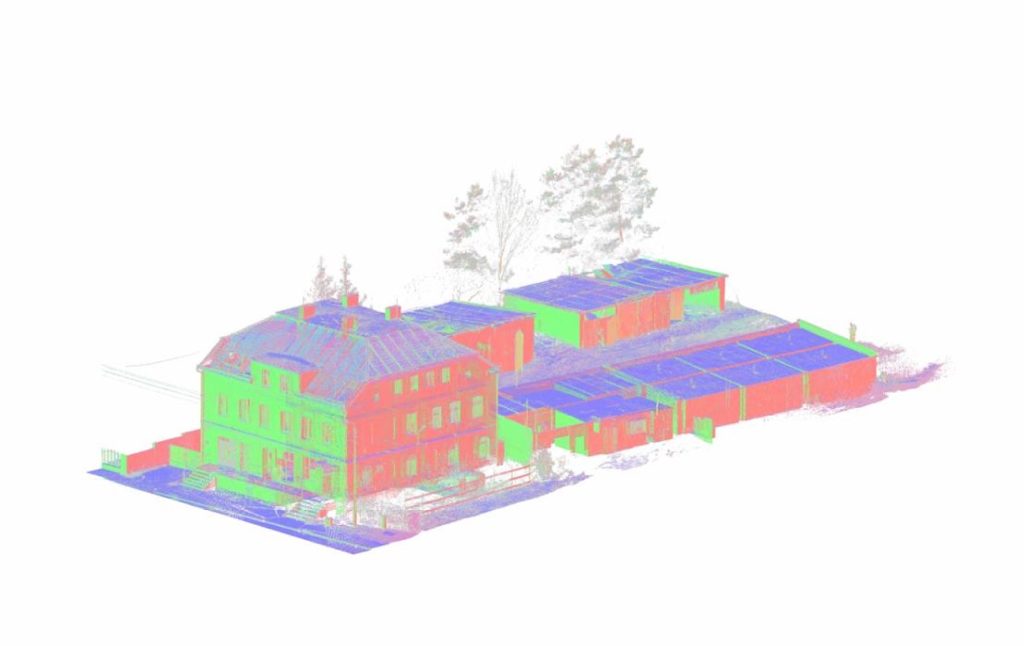 Kolorowa chmura punktów budynku usługowego po skanowaniu laserowym 3D