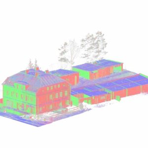 Kolorowa chmura punktów budynku usługowego po skanowaniu laserowym 3D